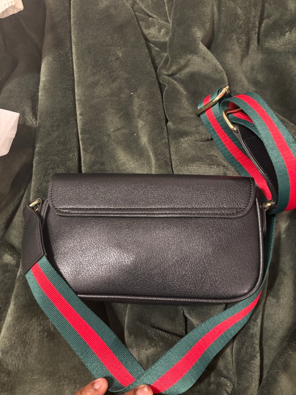 Black Leather Crossbody with Red-Green Web Stripe Strap - Picture 6 of 6